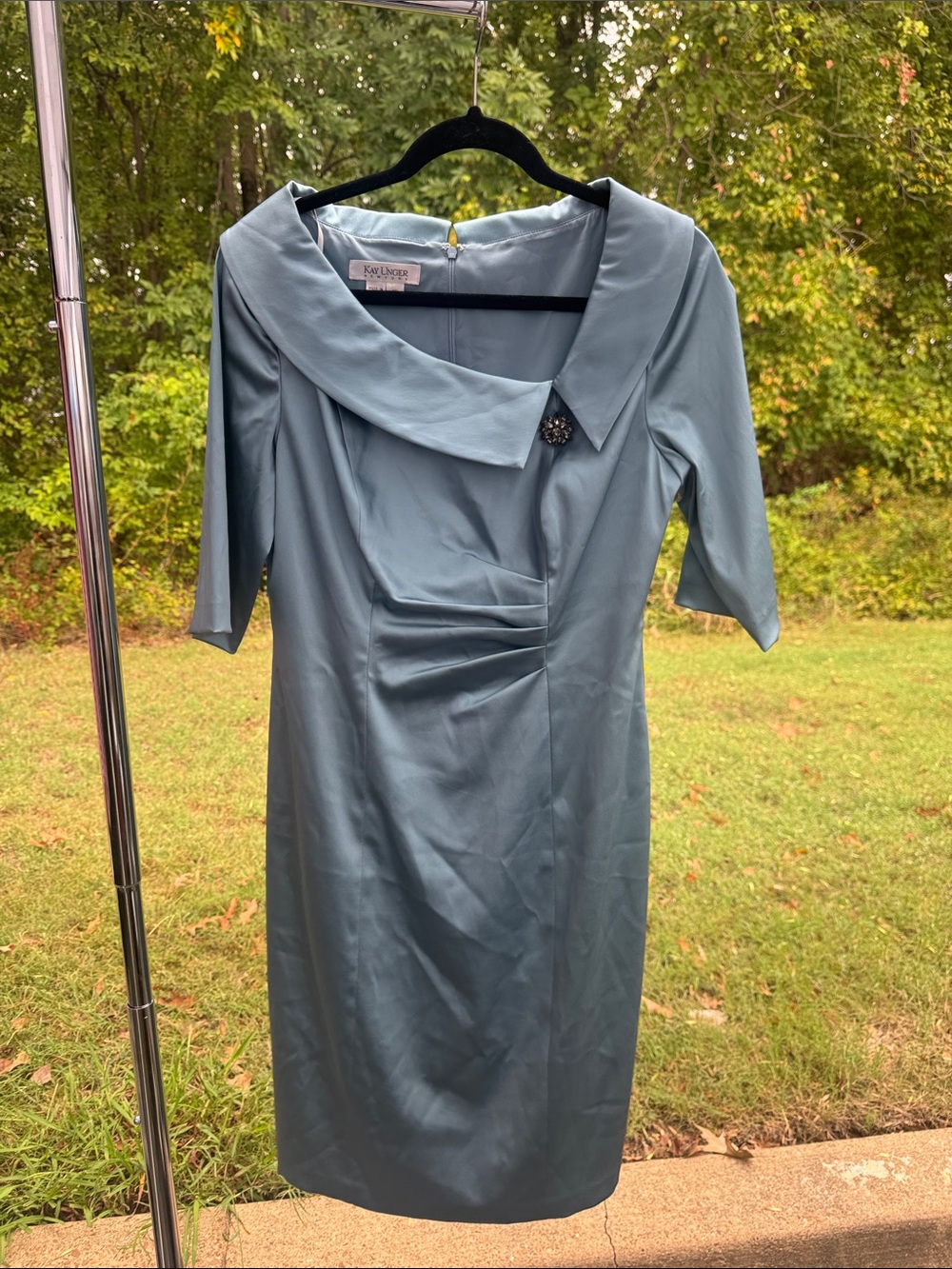 Kay Unger Slate Blue Sheath Dress with Decorative Brooch